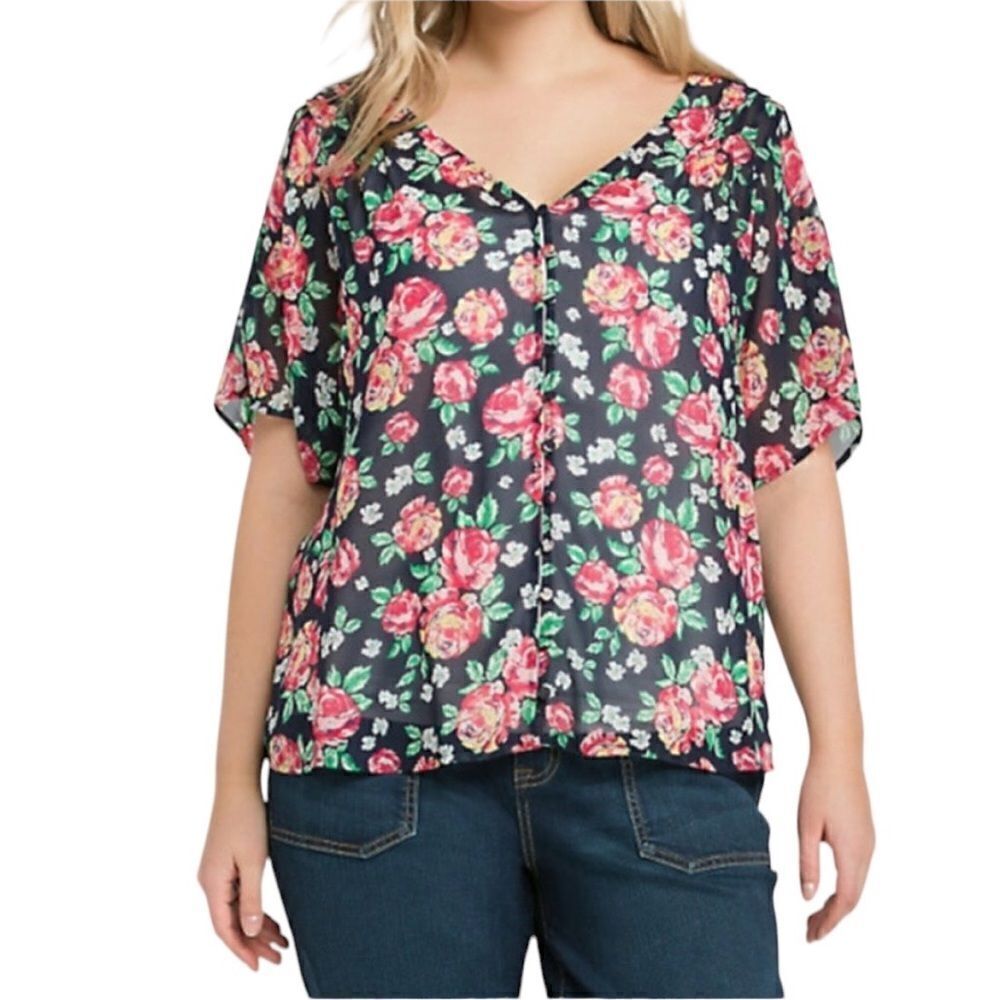 Torrid pink and black floral semi sheer dolman top size 2x
